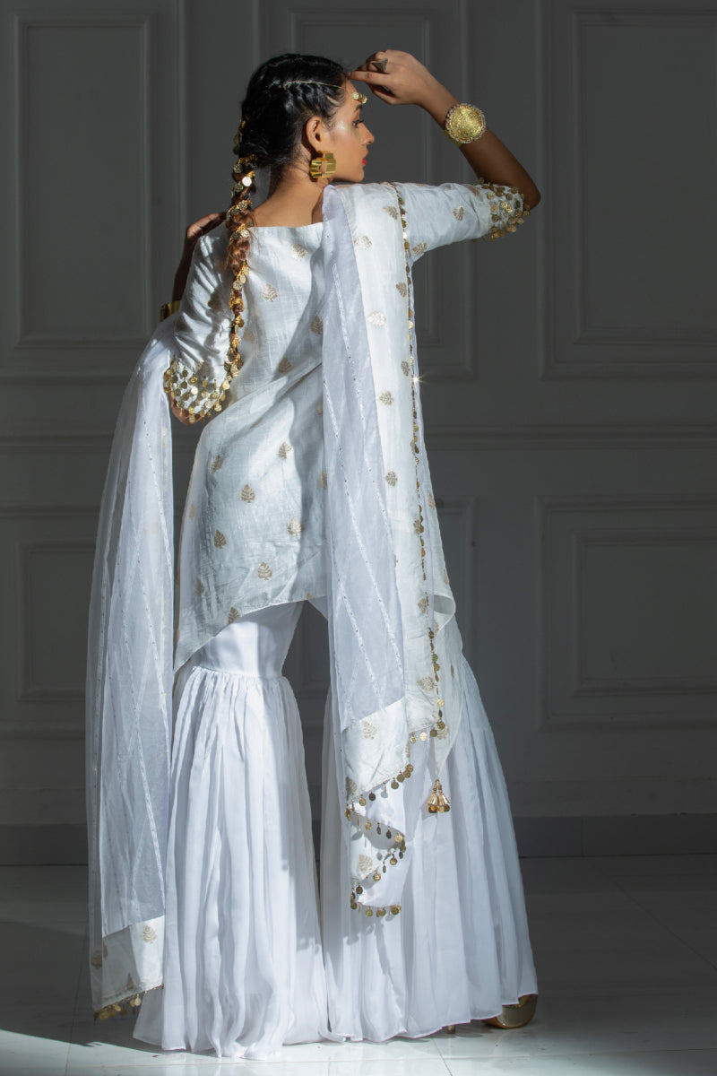 White suit set with sharara and organza dupatta