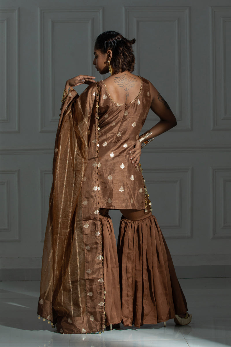 Chocolate Brown suit set with sharara and coin detailing organza dupatta