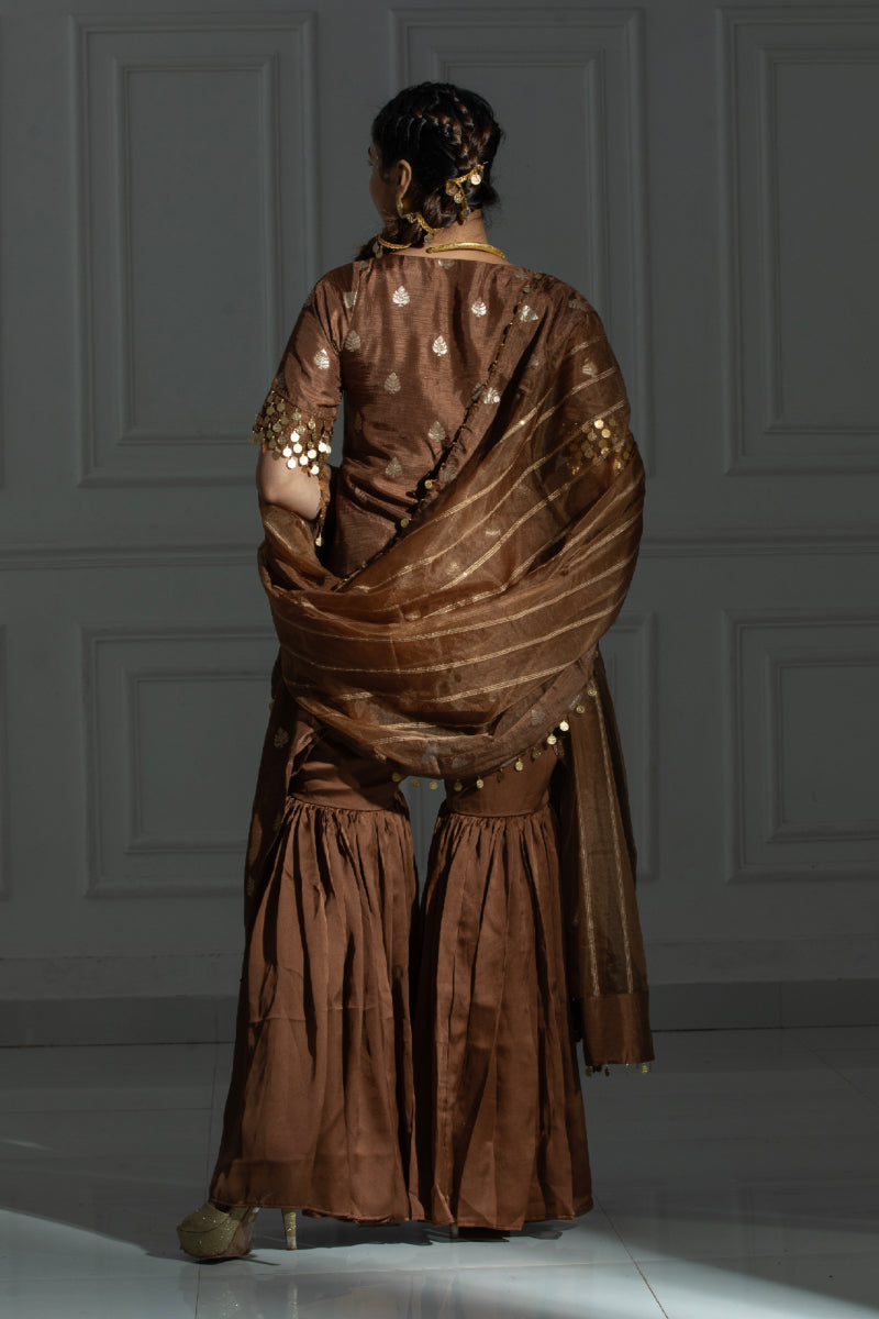 Chocolate Brown suit set with sharara and coin detailing organza dupatta