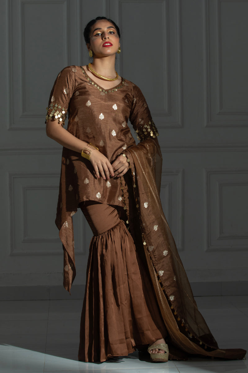 Chocolate Brown suit set with sharara and coin detailing organza dupat AGASHE Chocolate Brown suit set with sharara and coin detailing organza dupat AGASHE