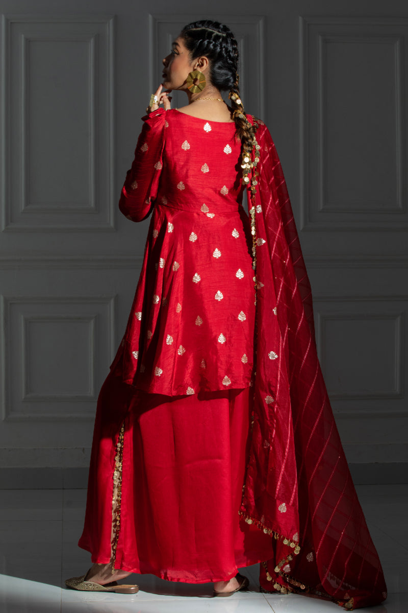 Red Suit set with peplum top, slit pant and dupatta