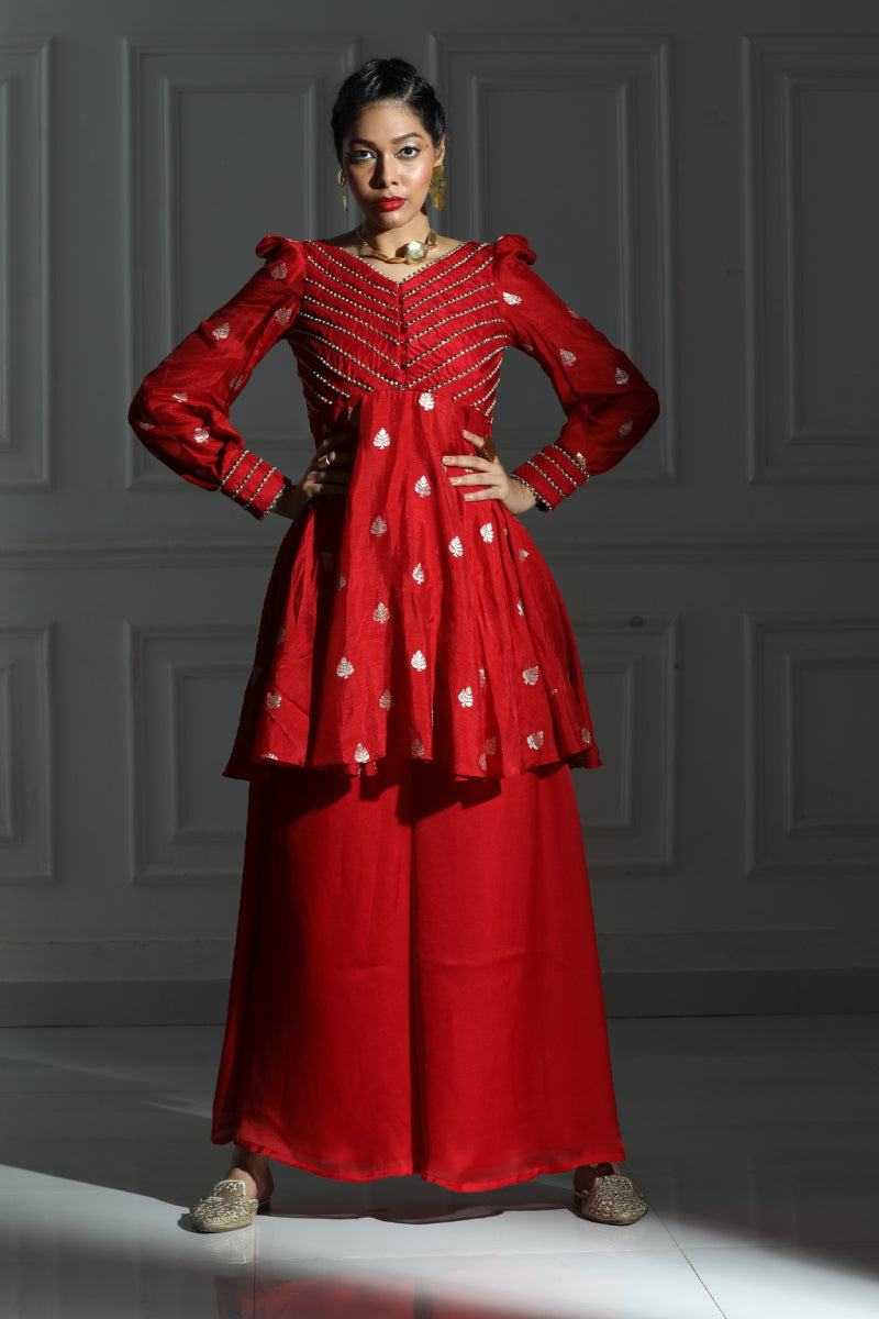 Red peplum kurta with side slit pant