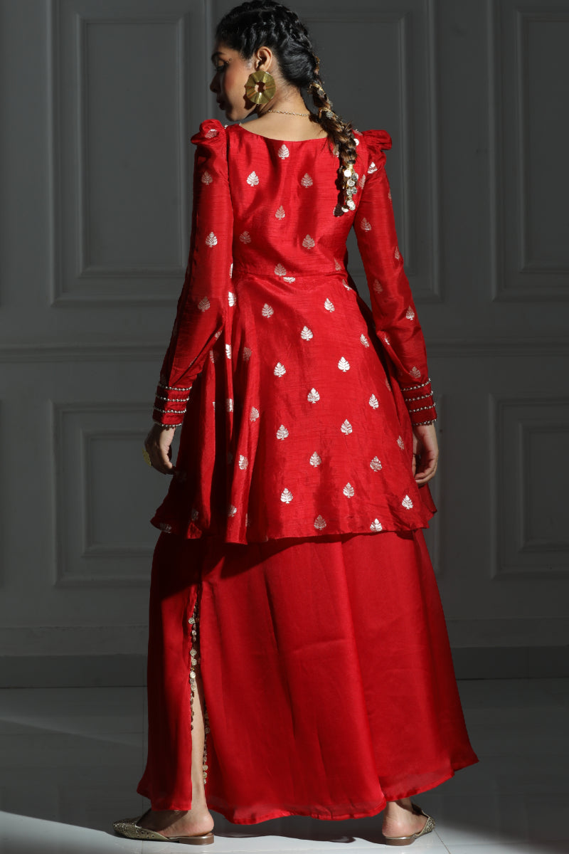 Red peplum kurta with side slit pant