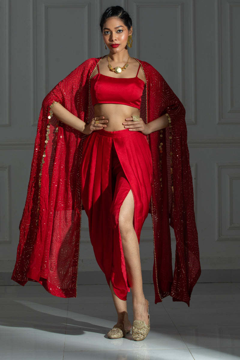 Red dhoti set with organza cape