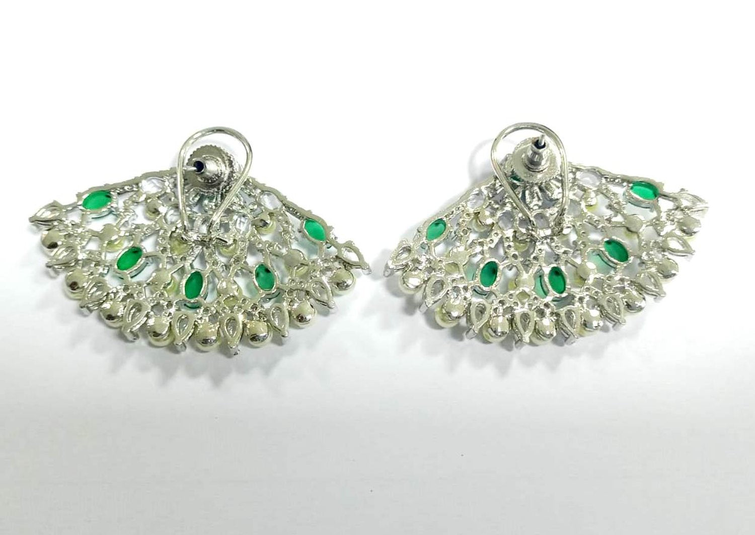 Exotic Japanese Fan Earrings With Emerald, Pearls, And Swarovski
