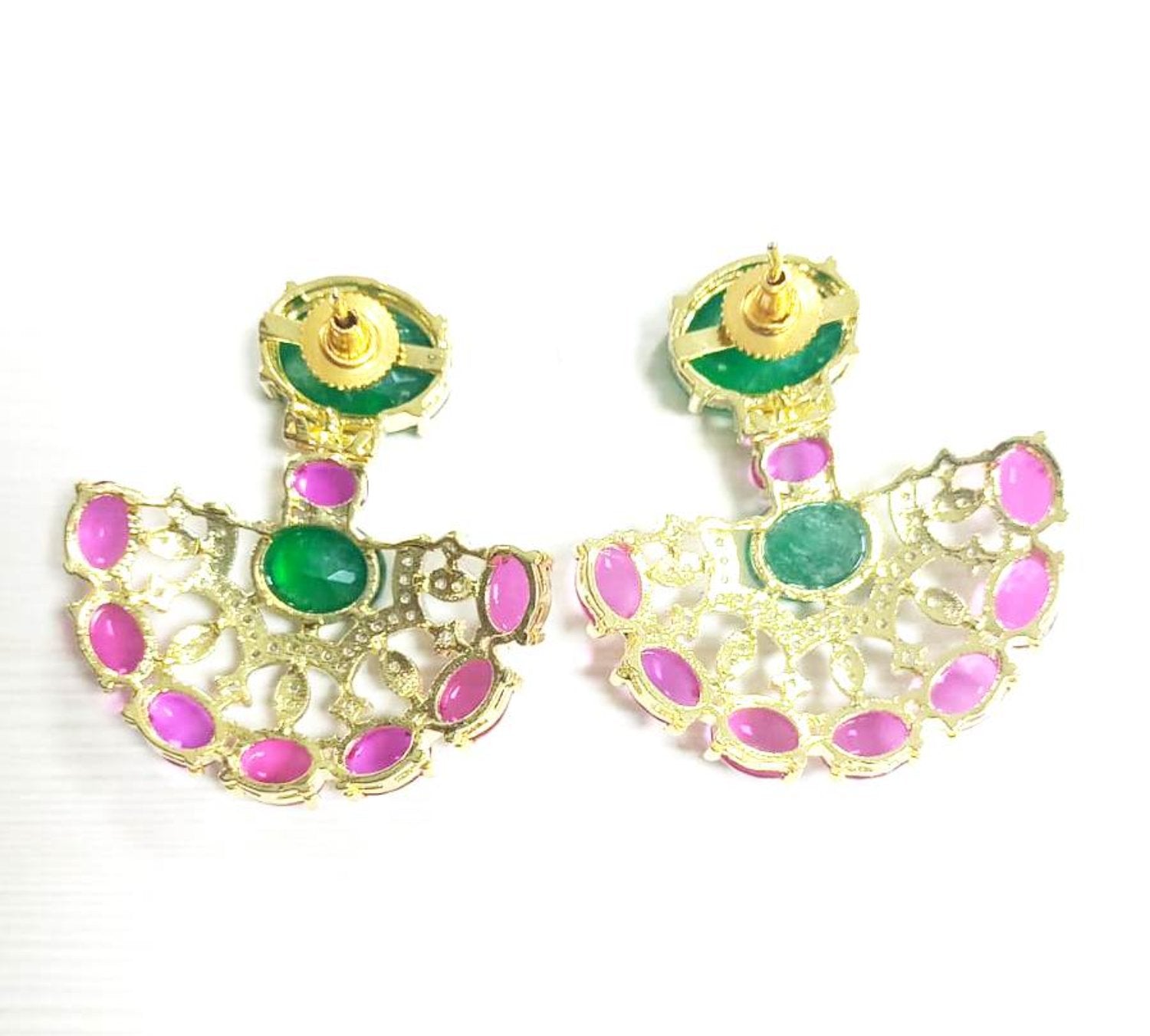 Unique Emerald And Pink Stone Swarovski Earrings