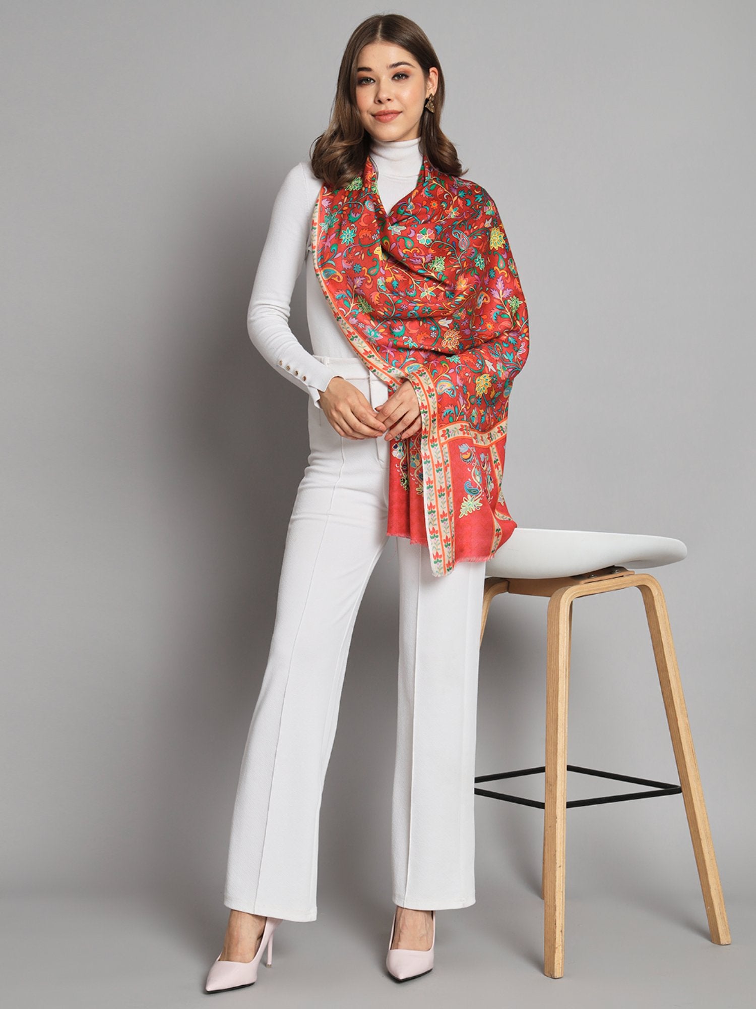 Red Shawl With Beautiful Jamavar Print And Outlined Embroidery