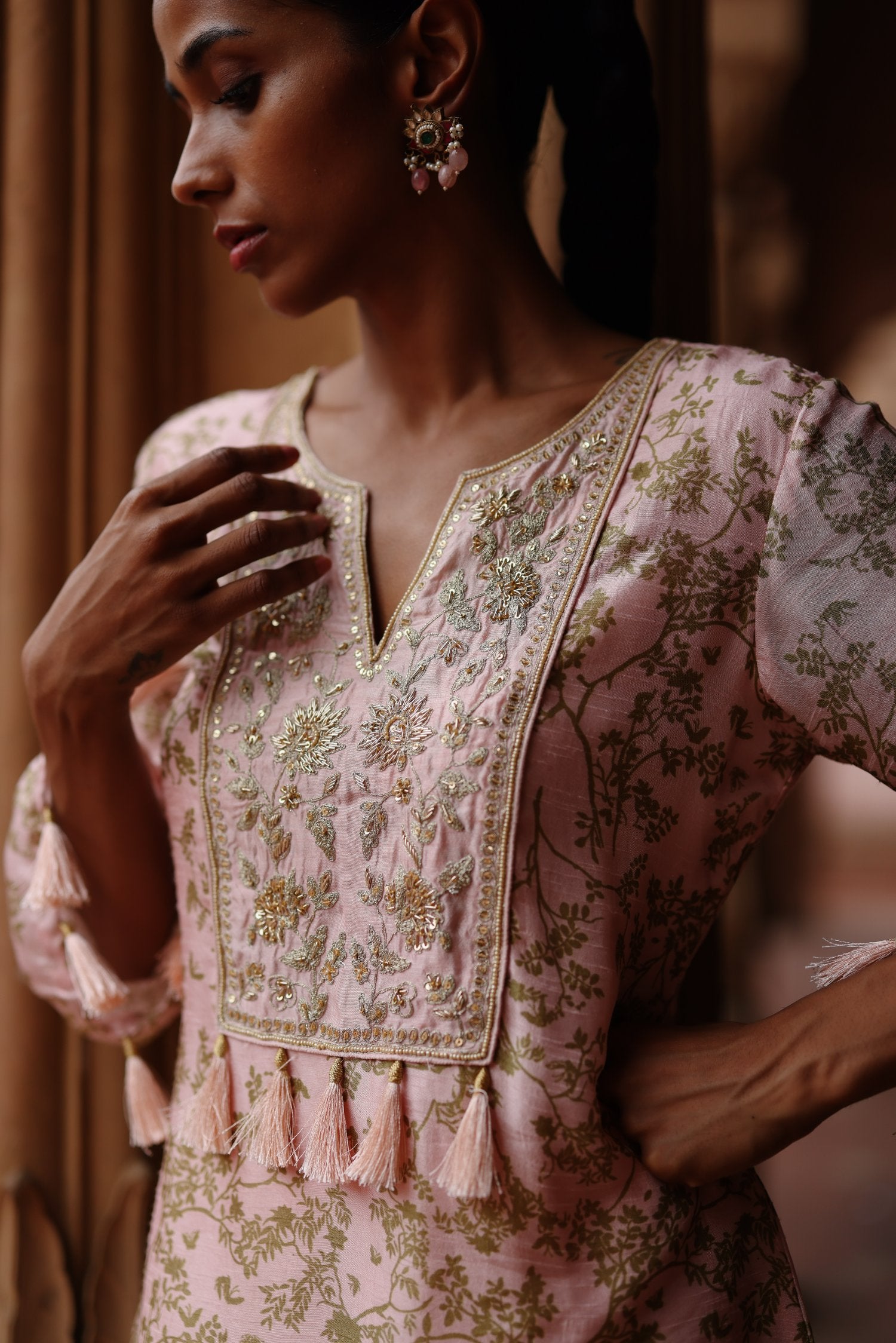 Pink Dupion Silk Printed and Embroidered Short Kurta Set