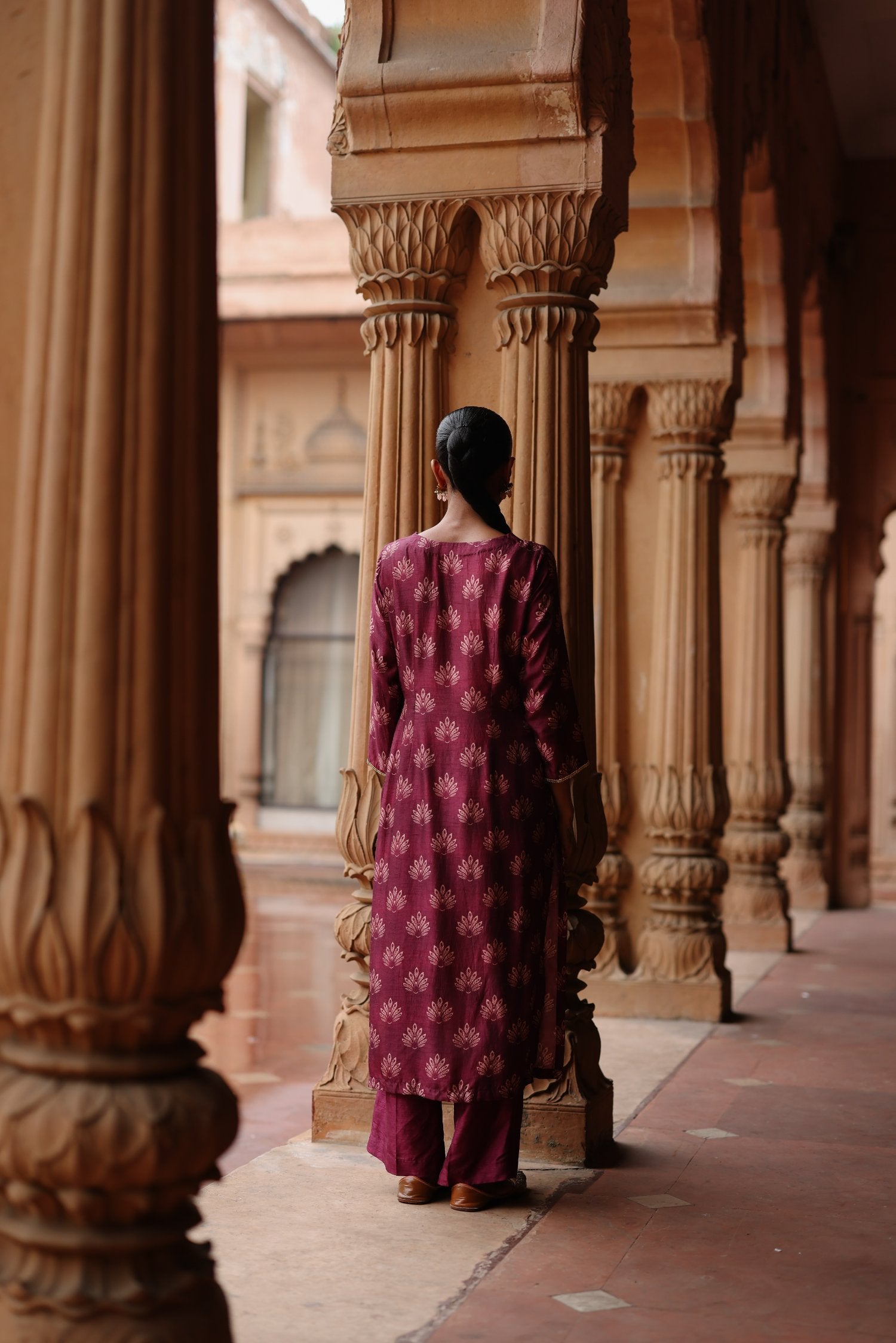 Wine Dupion Silk Printed and Embroidered Kurta Set