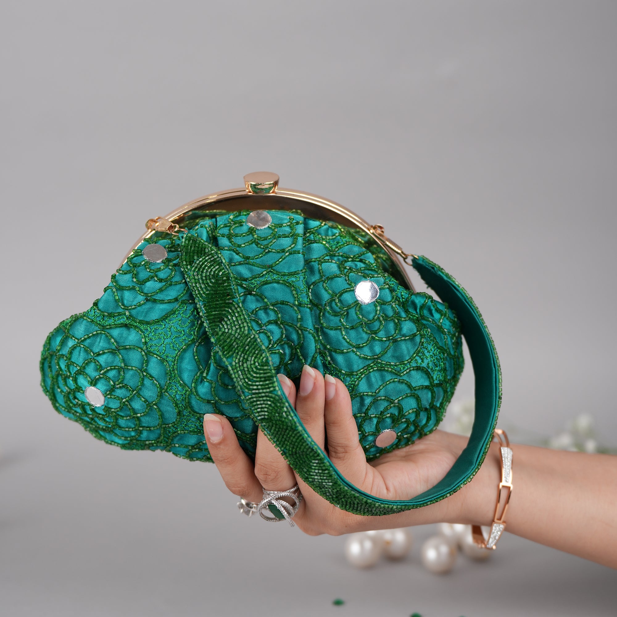 Emerald Monotone Soft Clutch With Handle