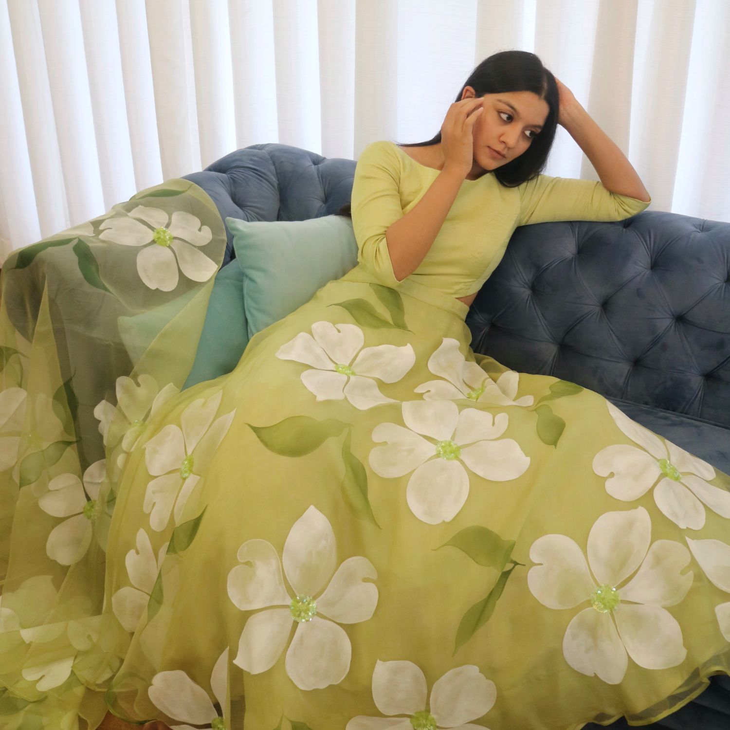 Flora Sequins Lehenga Set In Olive Green