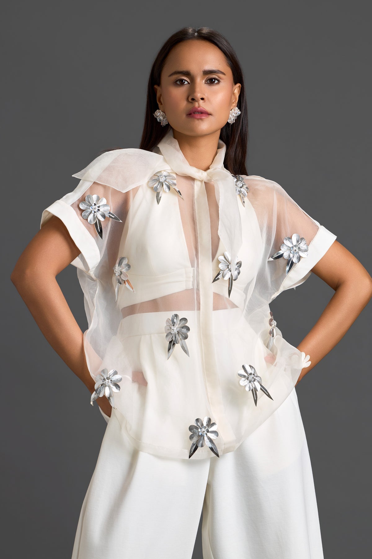 Black Sheer Top With Gunmetal Flowers