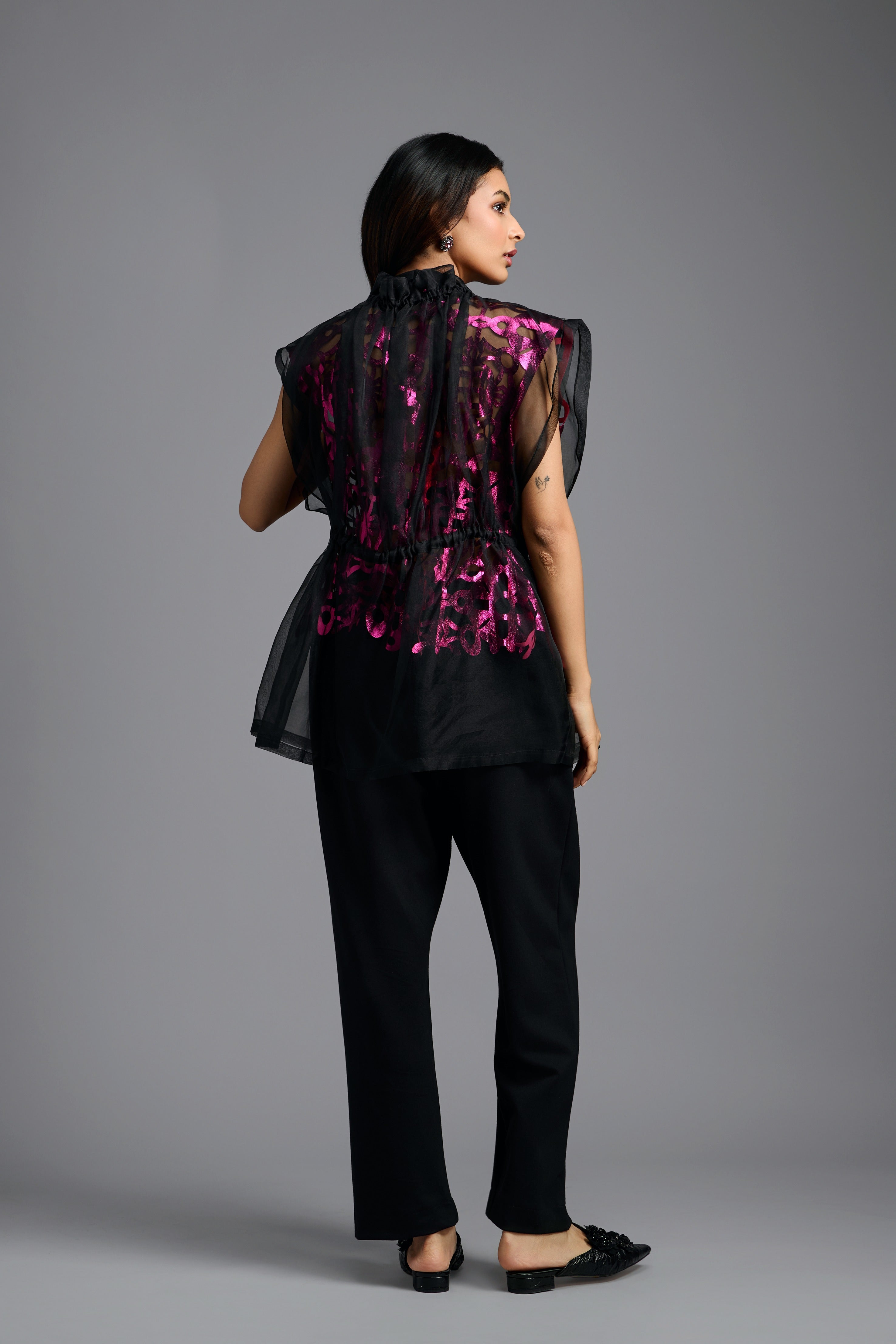 Black Organza Top with Pink Motifs