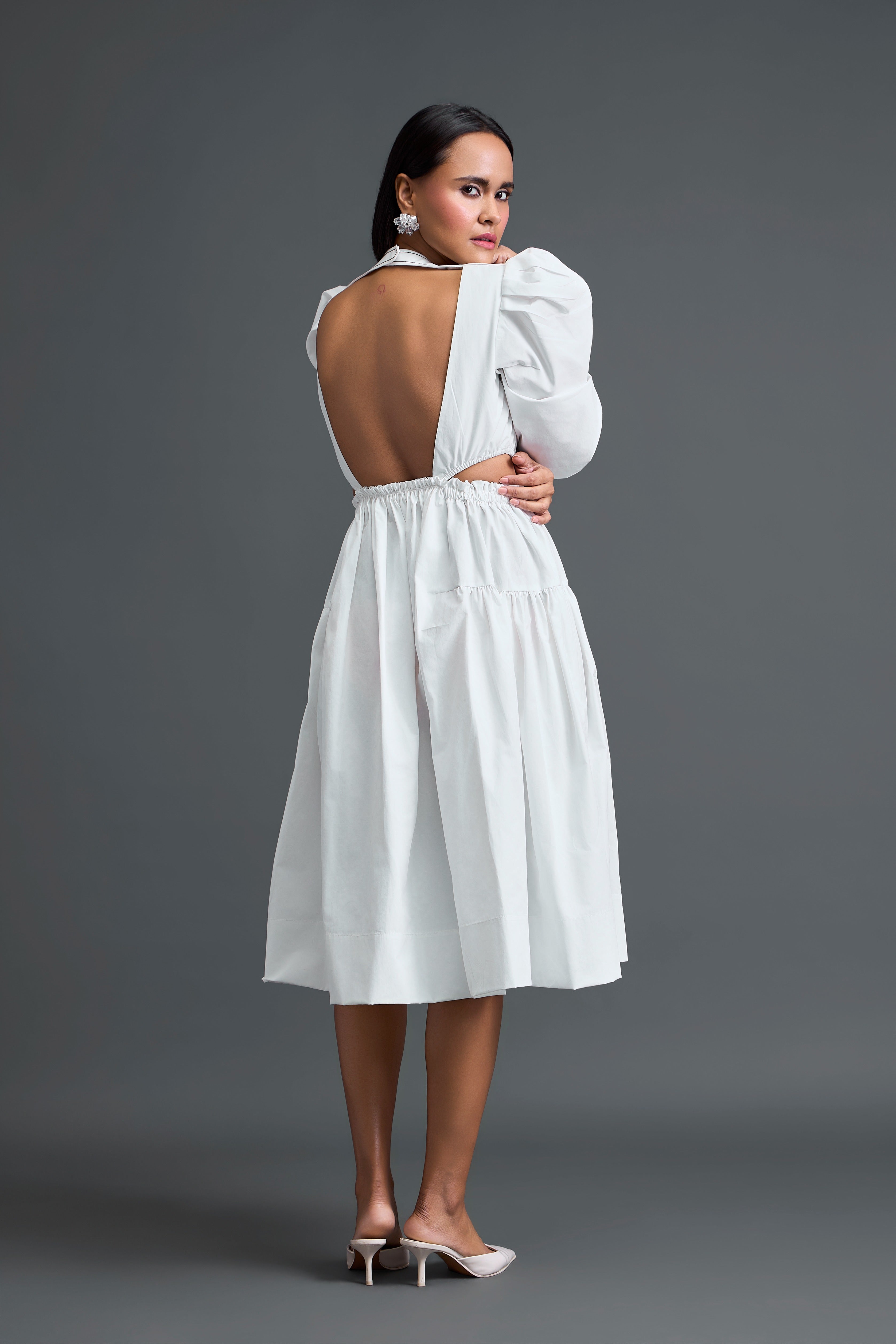 White Open-Back Midi Dress
