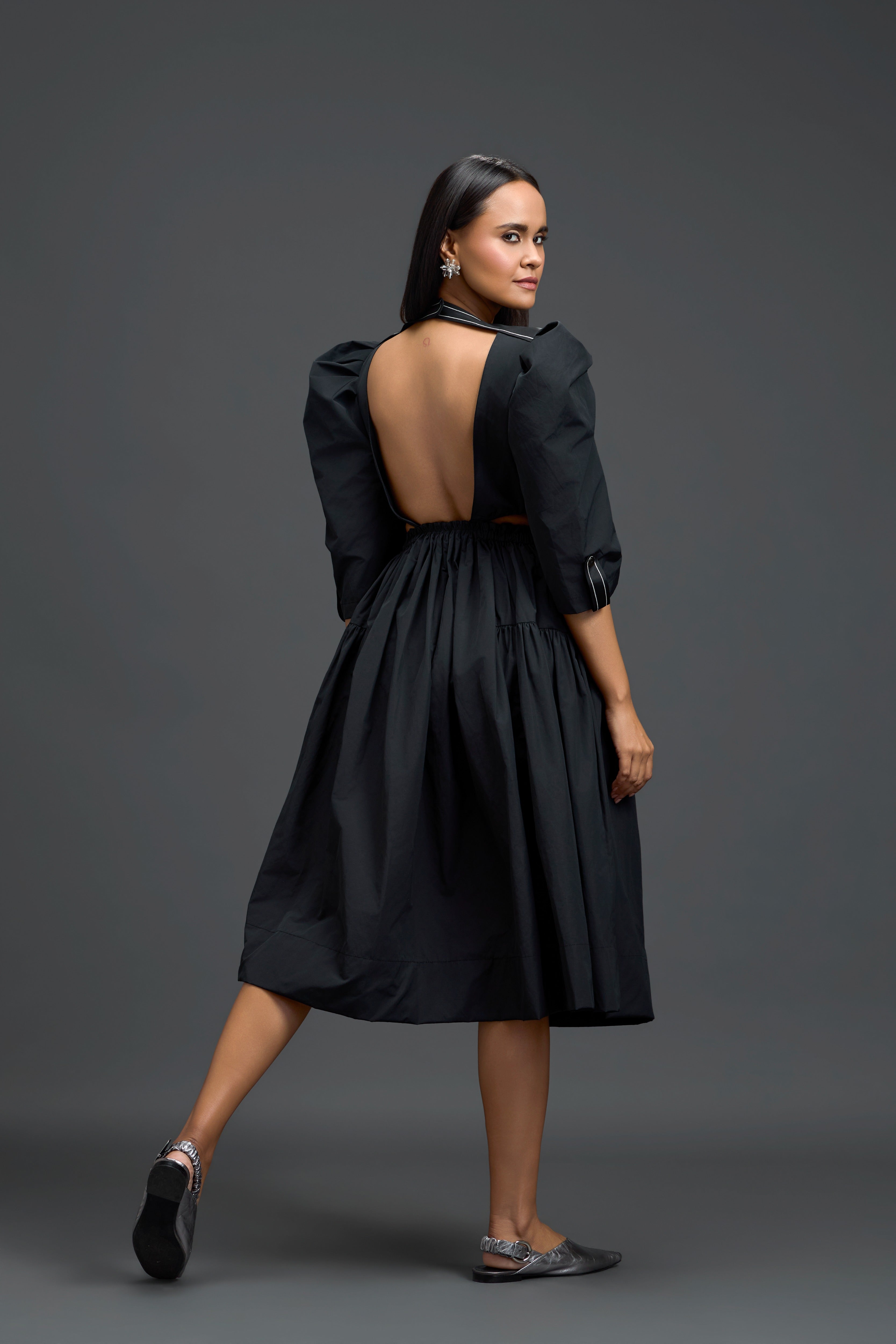 Black Open-Back Midi Dress