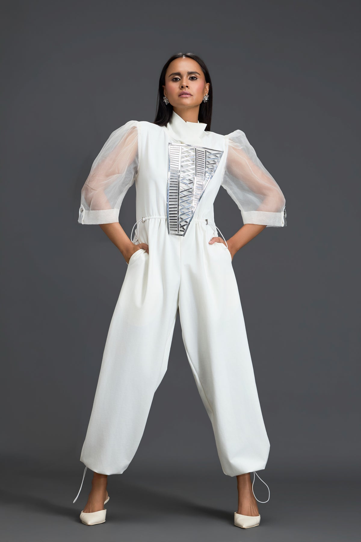 White Silver Panel Jumpsuit