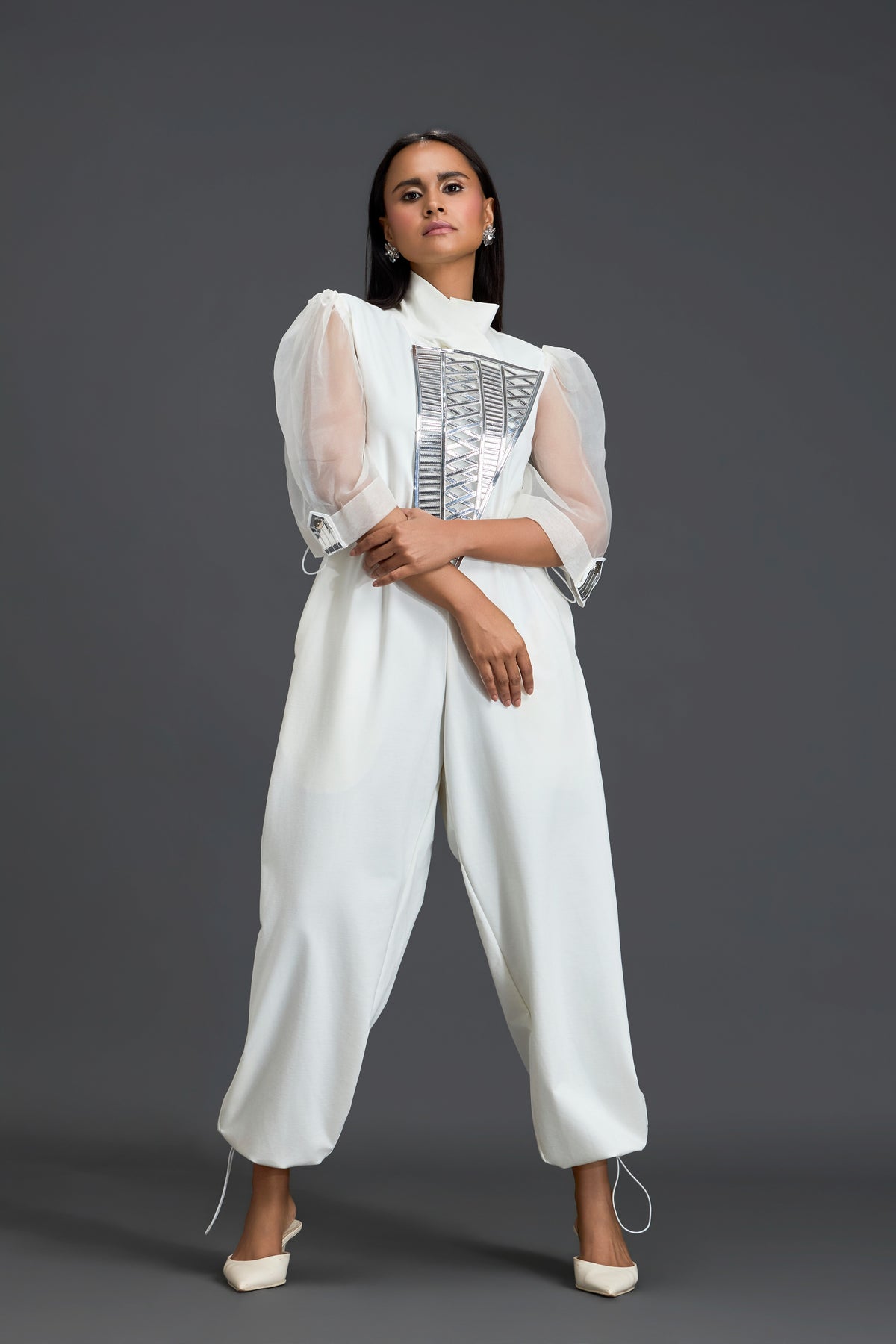 White Silver Panel Jumpsuit