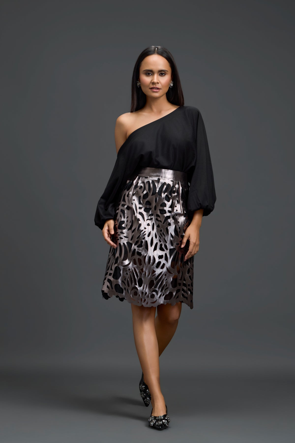 Black Off-Shoulder Top & Cutwork Skirt
