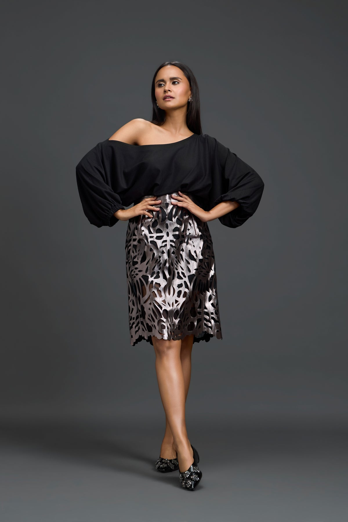 Black Off-Shoulder Top & Cutwork Skirt