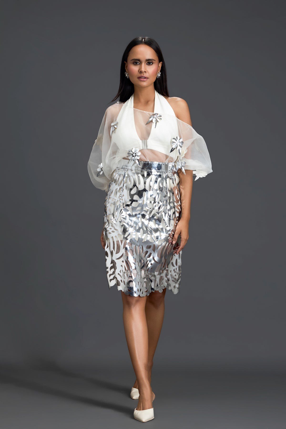 White Halter Top & Silver Laser-Cut Skirt Set