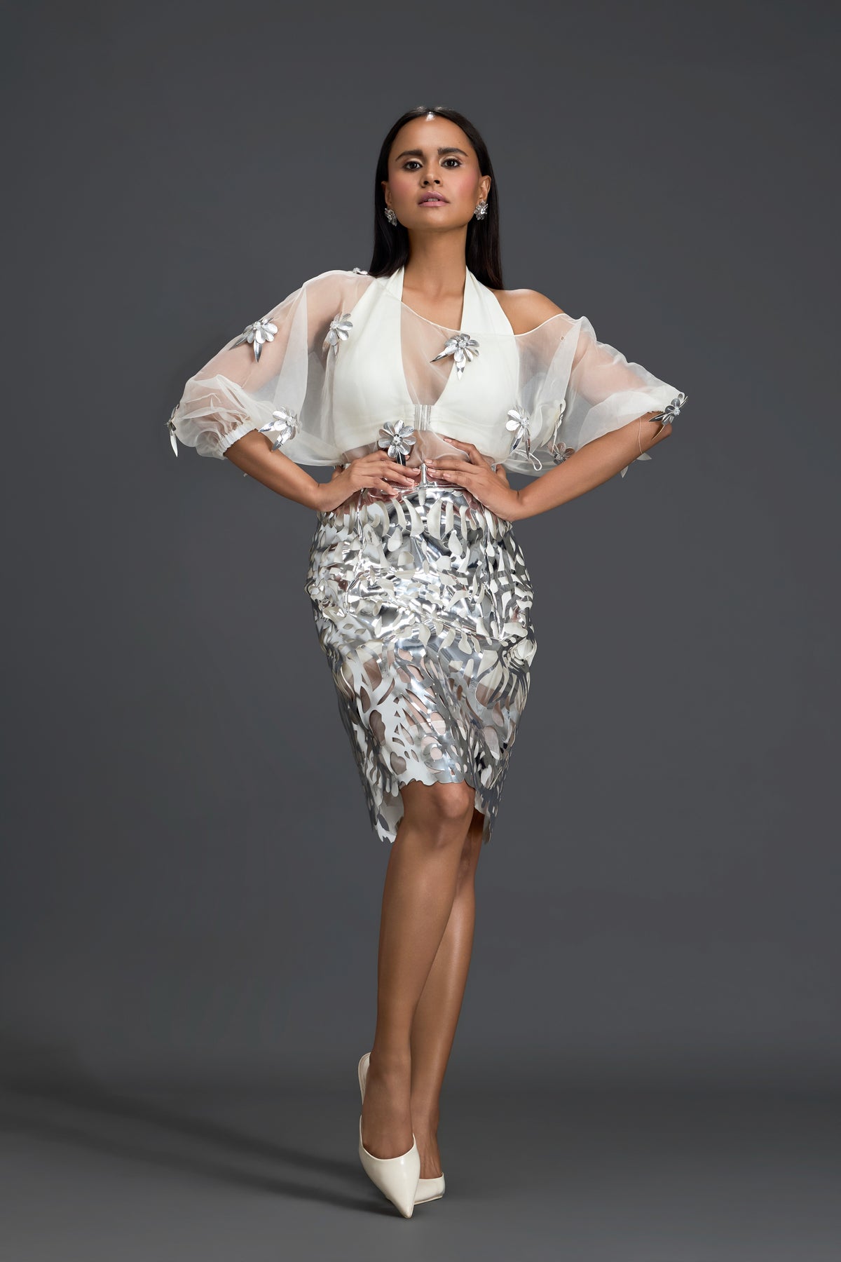White Halter Top & Silver Laser-Cut Skirt Set
