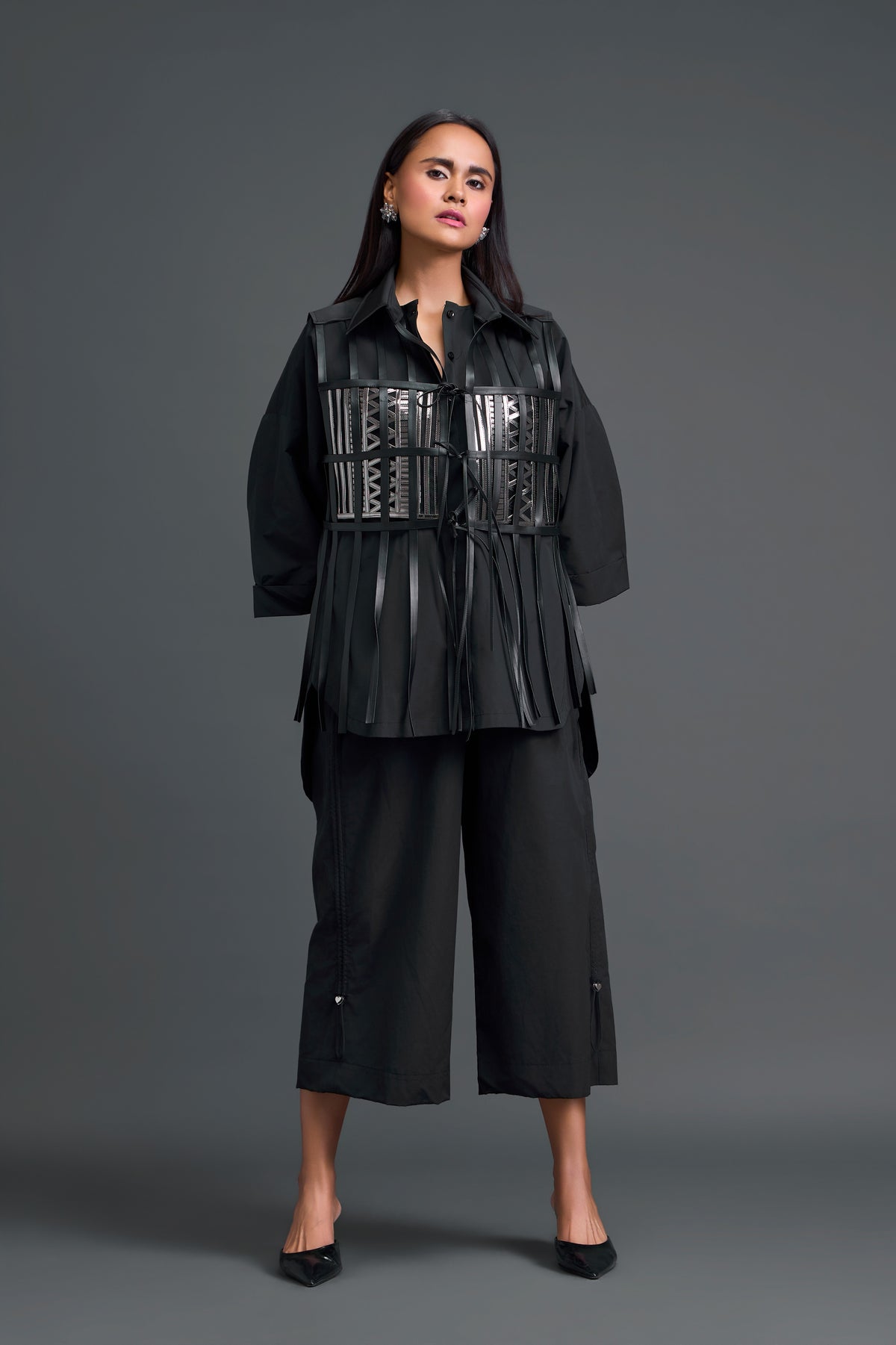 Black Cage Panel Shirt & Wide Pants