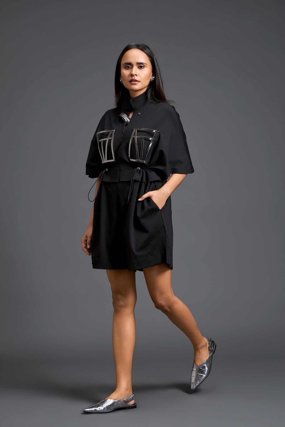 Black Gunmetal Panel Playsuit