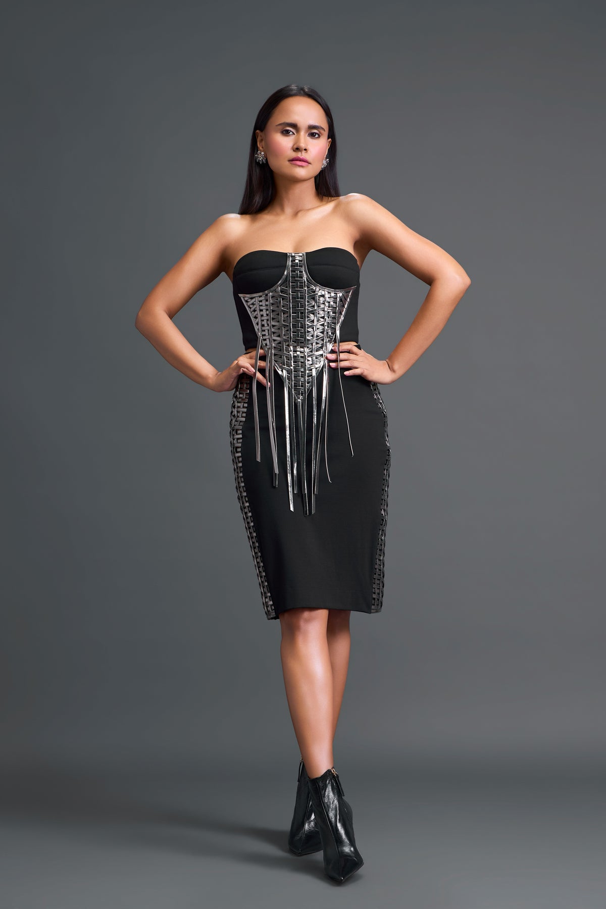 Black Gunmetal Panel Skirt Set