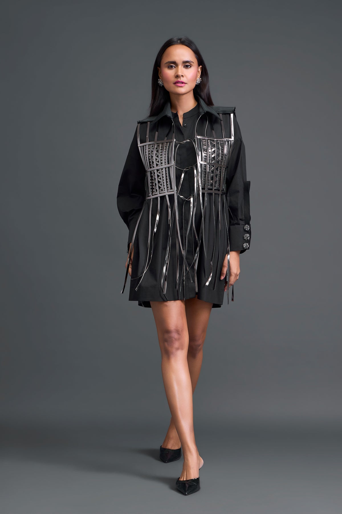 Black Silver Cage Panel Shirt Dress