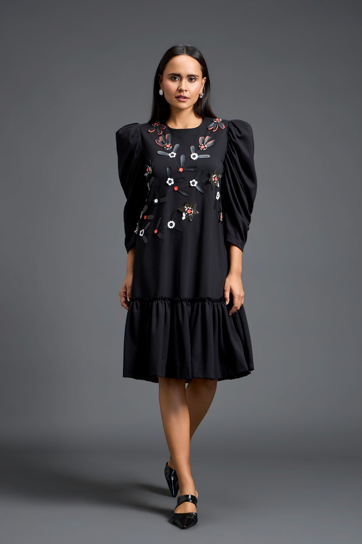 Black Floral Puff Sleeve Dress