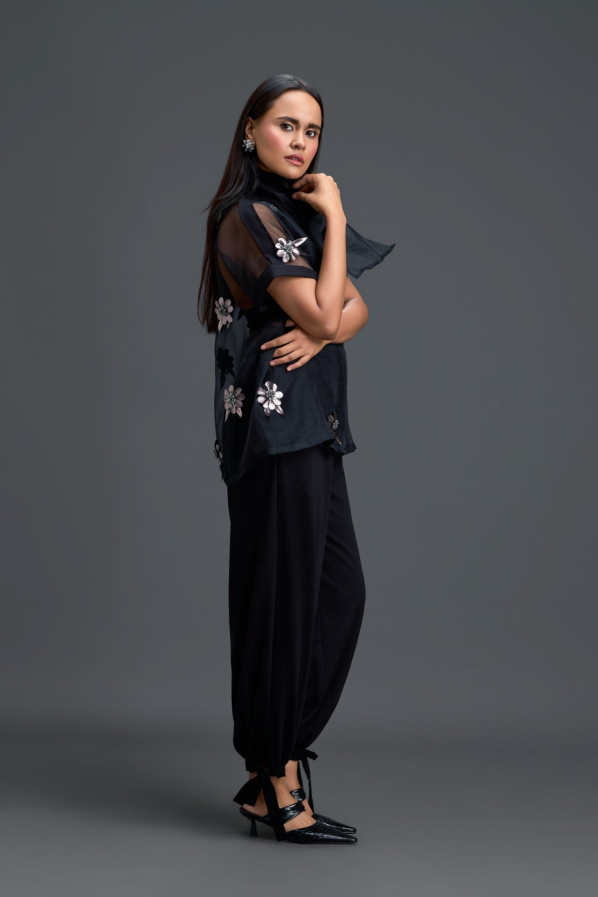 Black Sheer Top With Silver Flowers