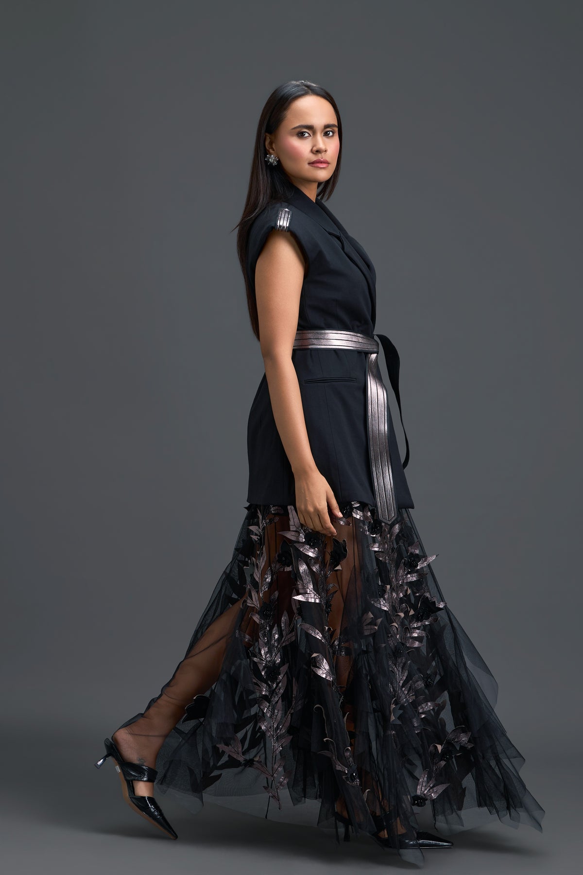 Black Vest & Metallic Leaf Tulle Skirt