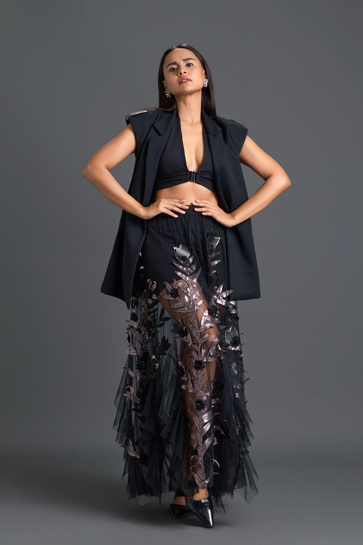 Black Vest & Metallic Leaf Tulle Skirt