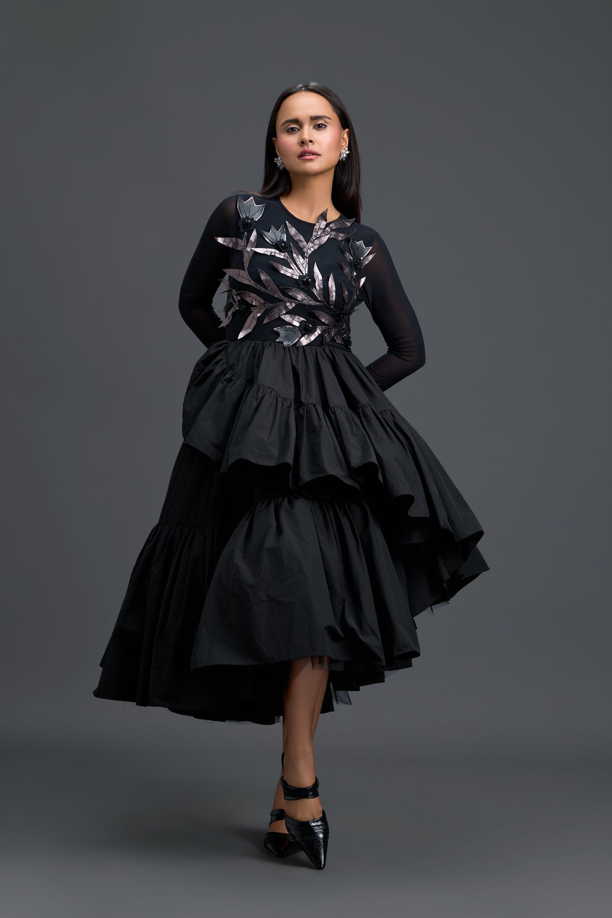 Black Sheer Top & Metallic Tiered Skirt