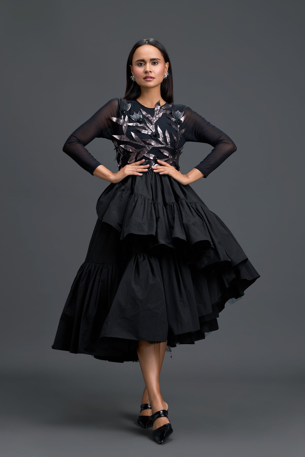 Black Sheer Top & Metallic Tiered Skirt