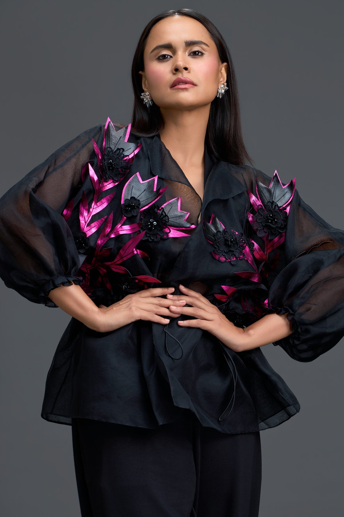 Black Sheer Blouse With Pink Florals