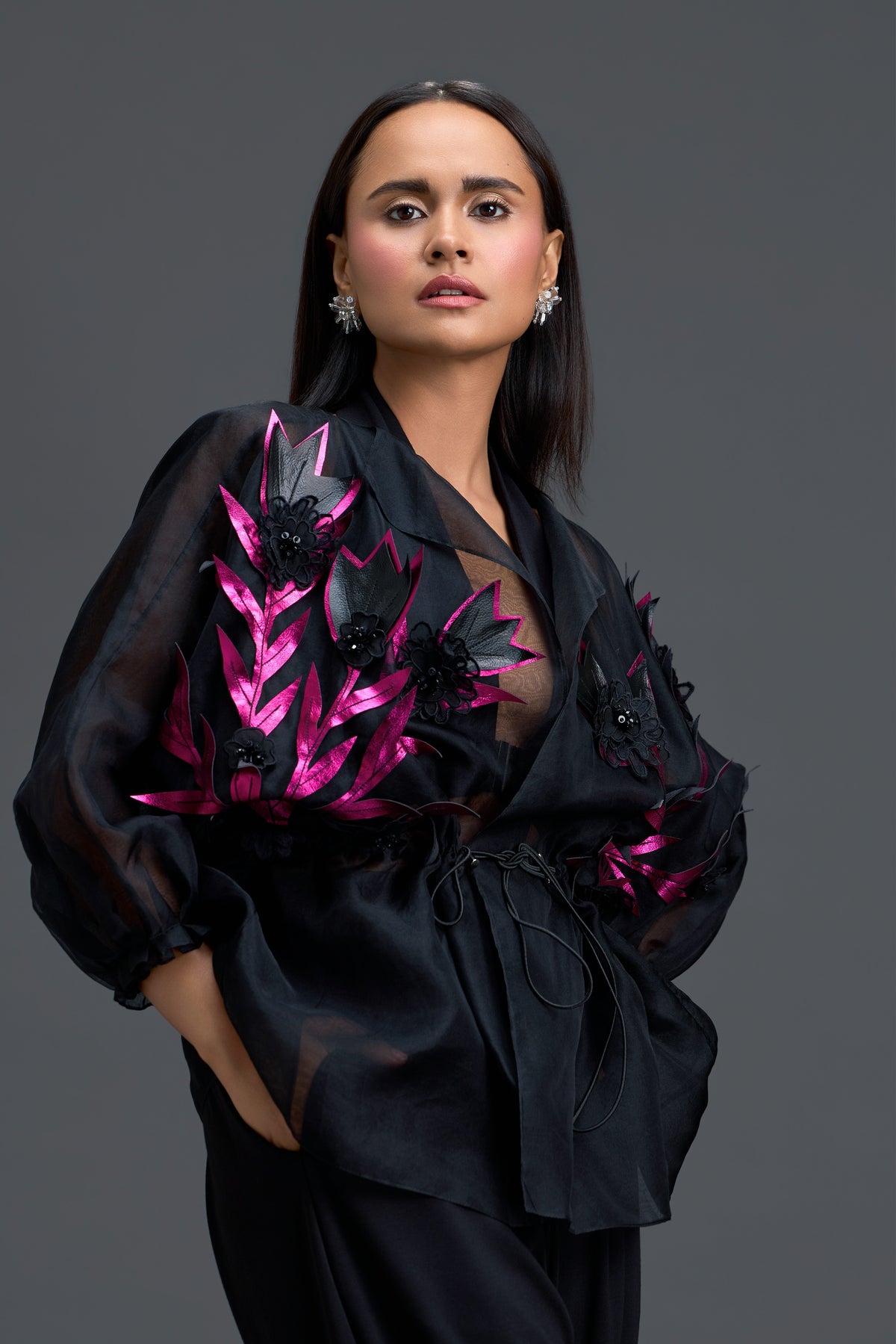 Black Sheer Blouse With Pink Florals
