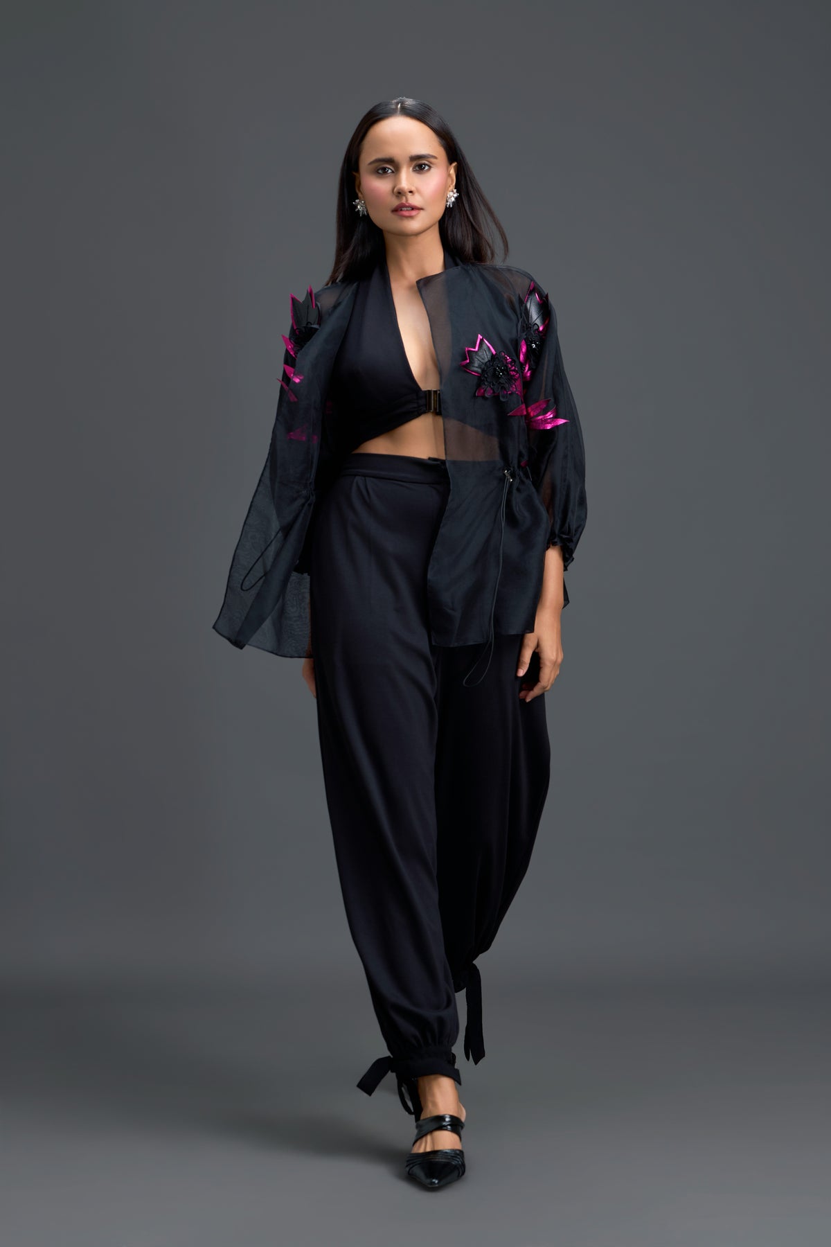 Black Pink Floral Blouse & Tapered Pants