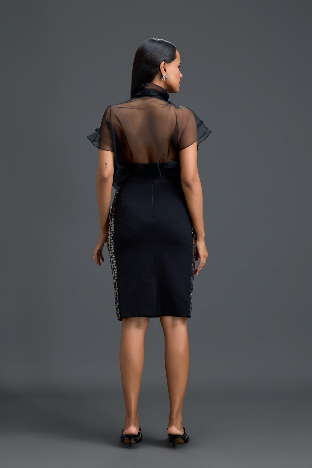 Sheer Structured Top & Black Pencil Skirt