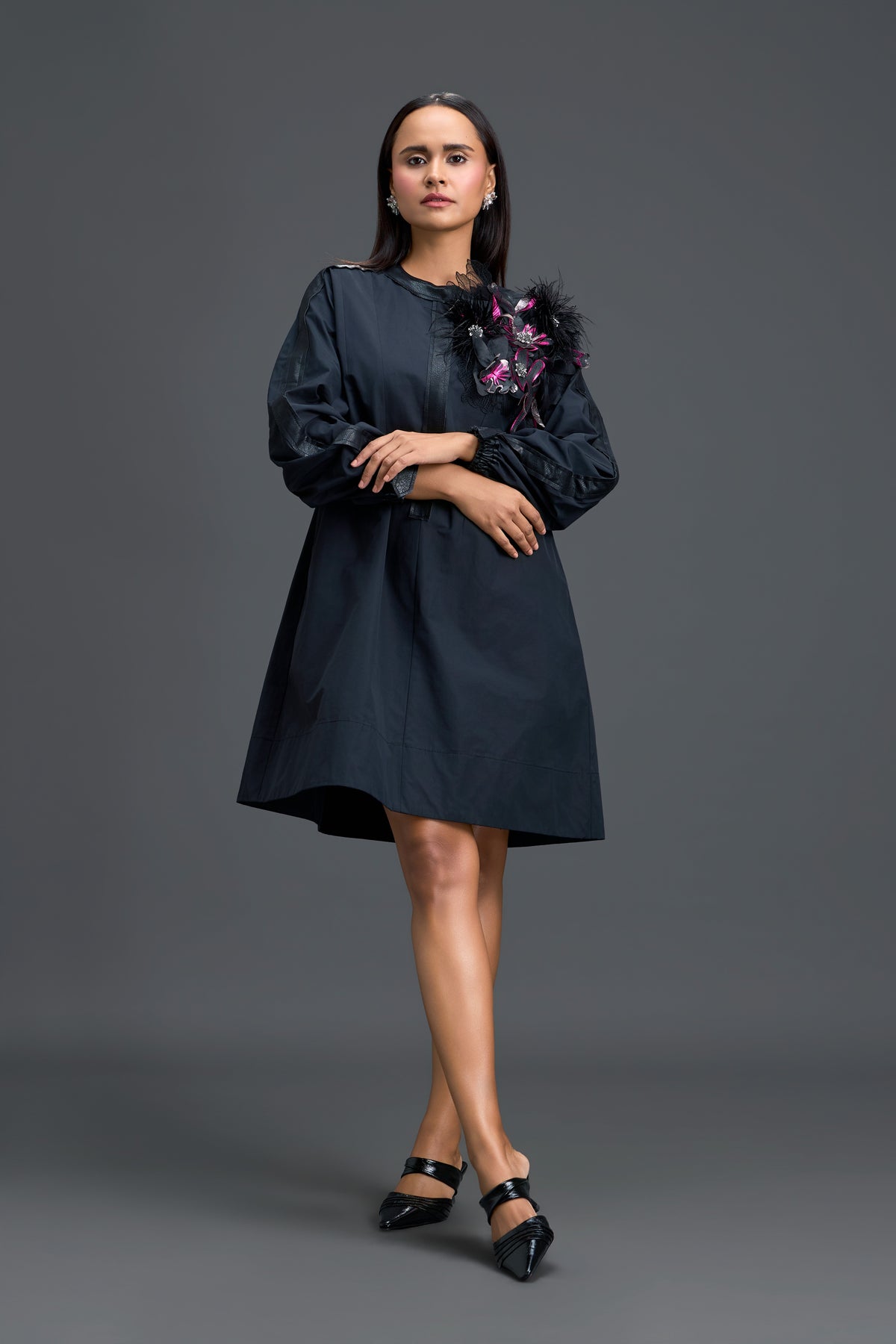 Black Dress With Feather Crystal Shoulder