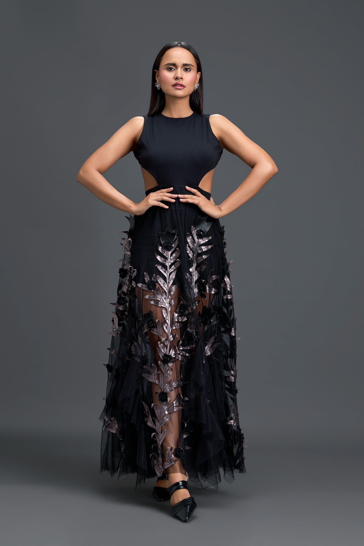 Black Cutout Top & Metallic Leaf Skirt