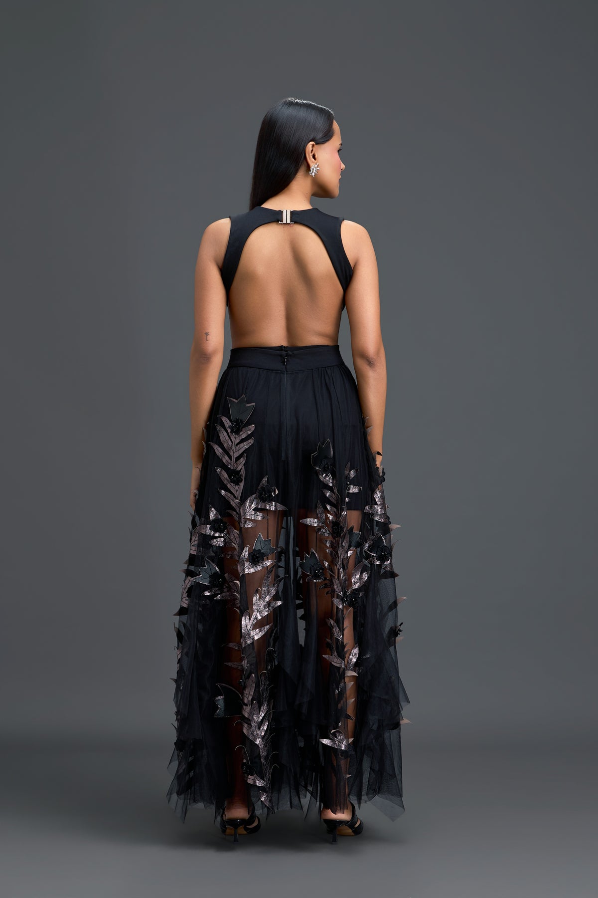 Black Cutout Top & Metallic Leaf Skirt