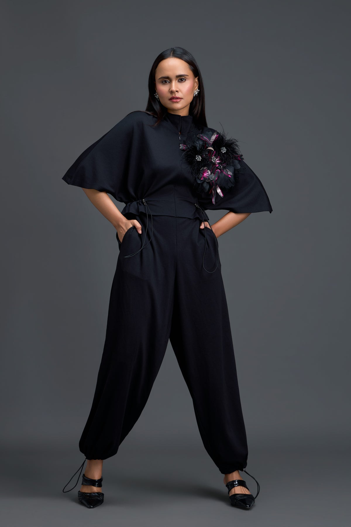 Black Feather Crystal Jumpsuit