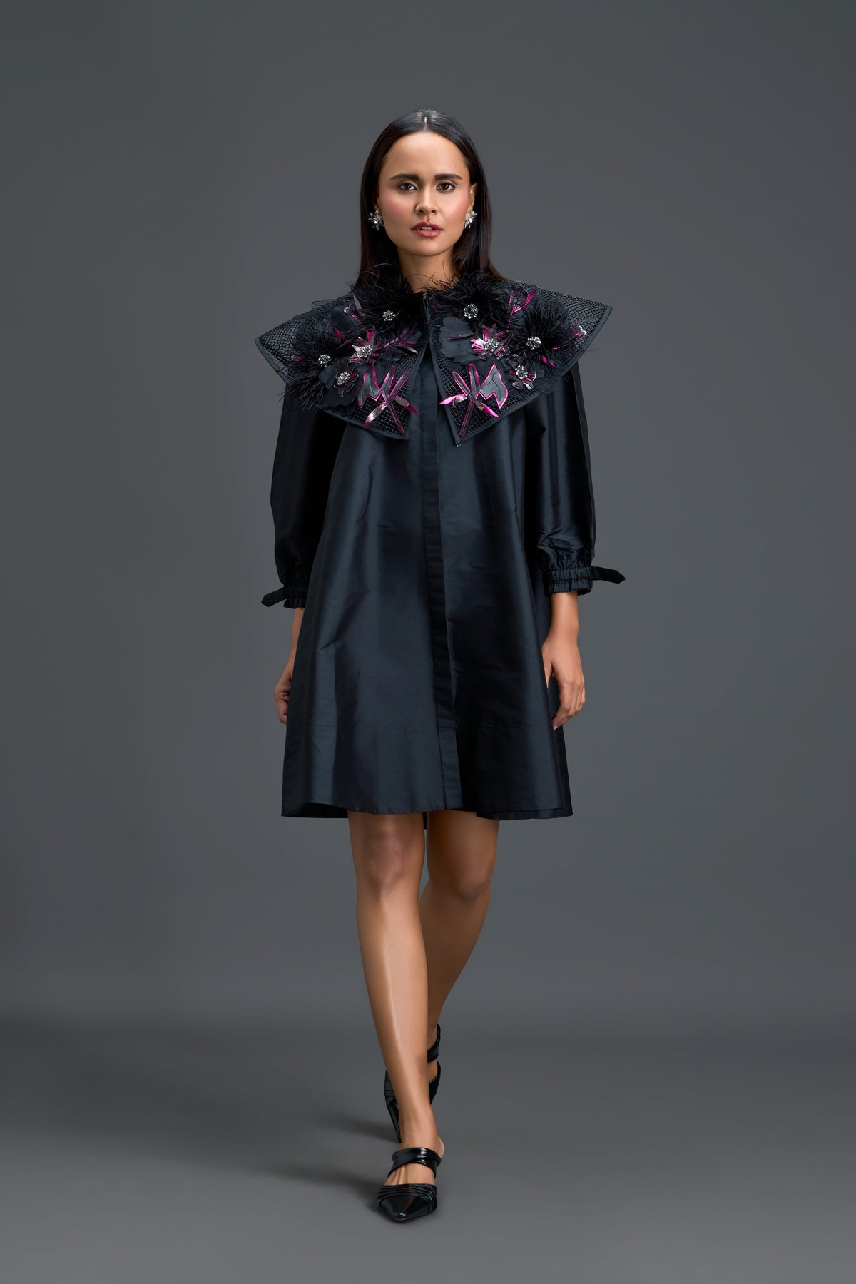 Black Feather Crystal Collar Dress