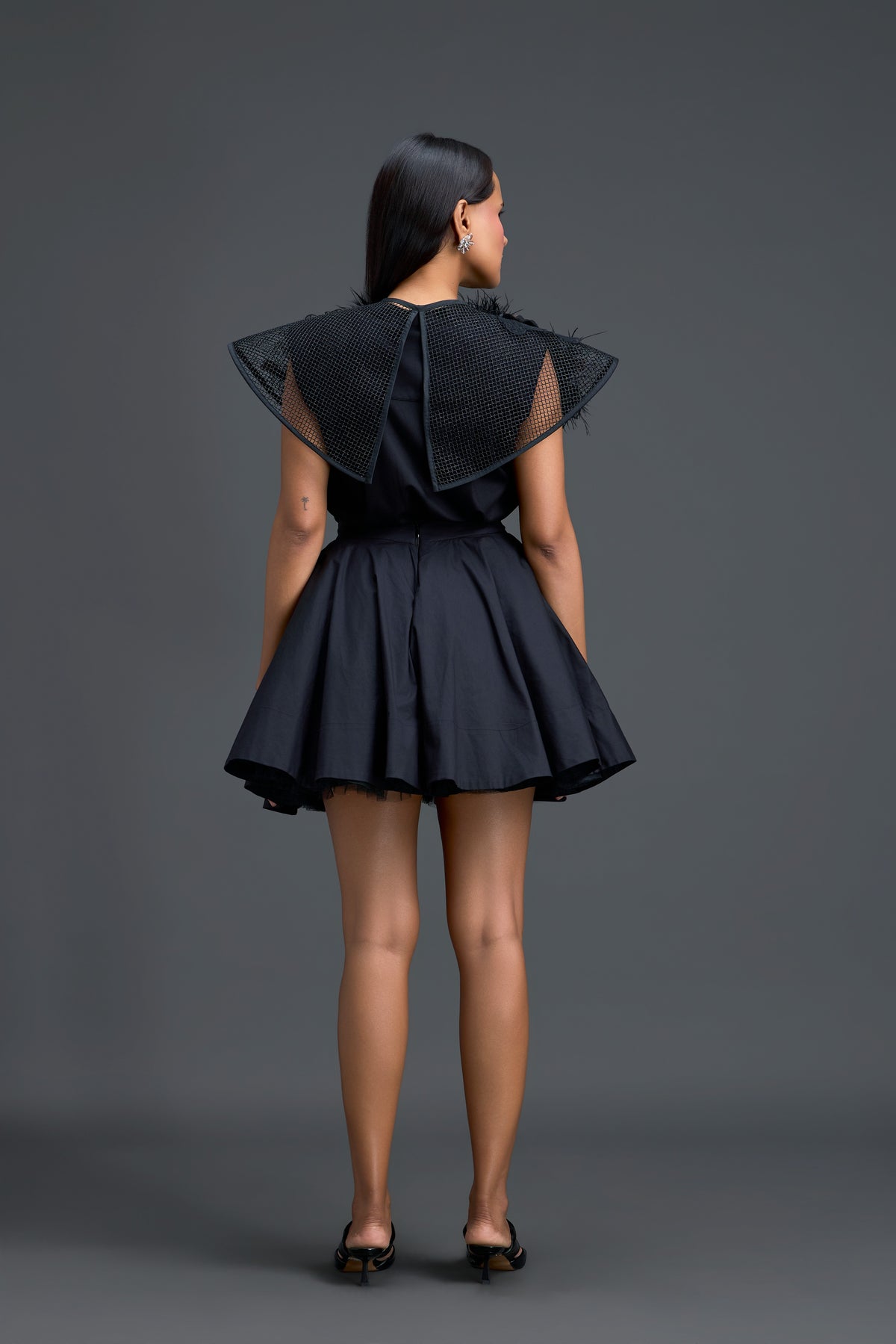 Black Oversized Feather Crystal Collar Dress