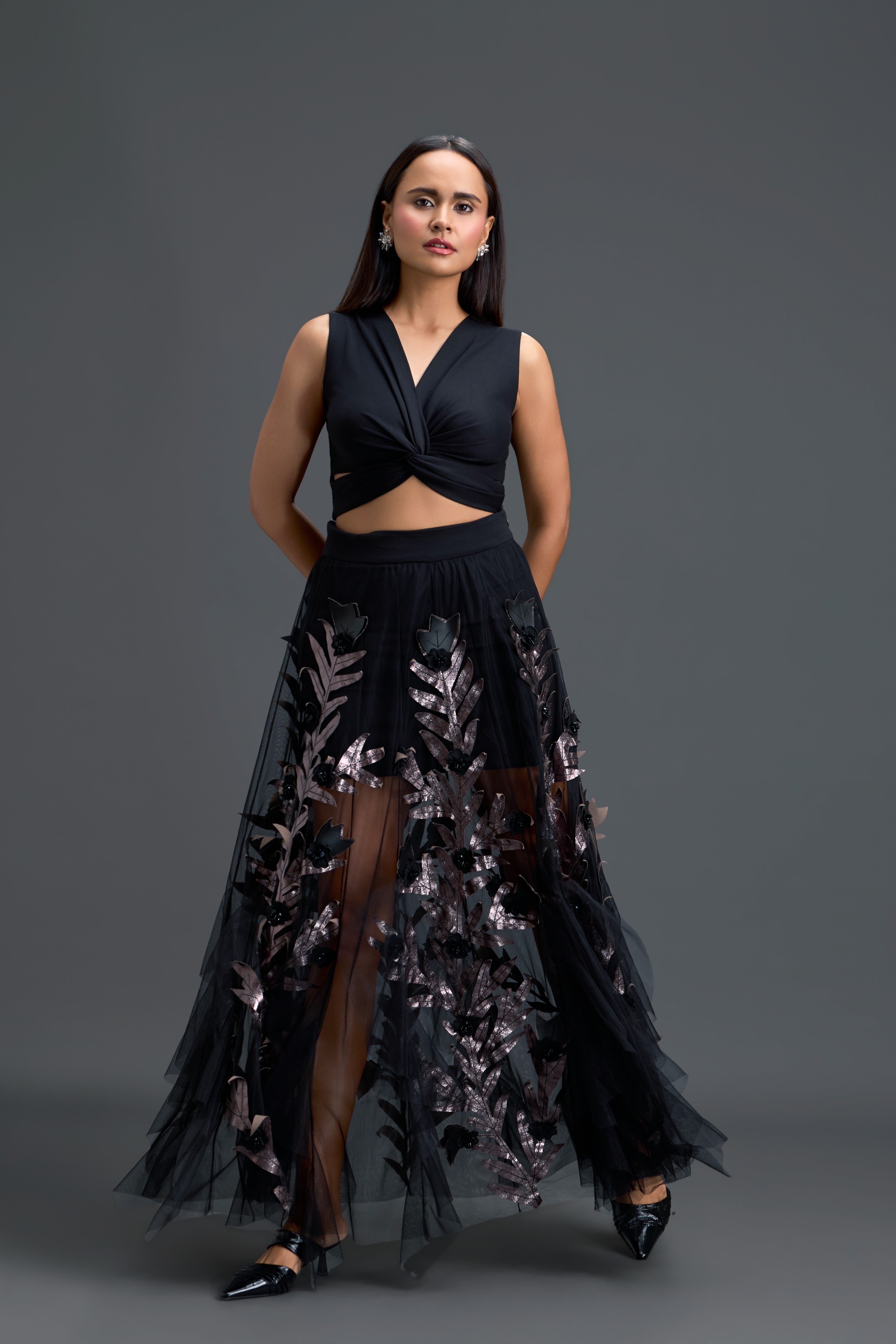Black Twist Crop Top & Metallic Leaf Skirt