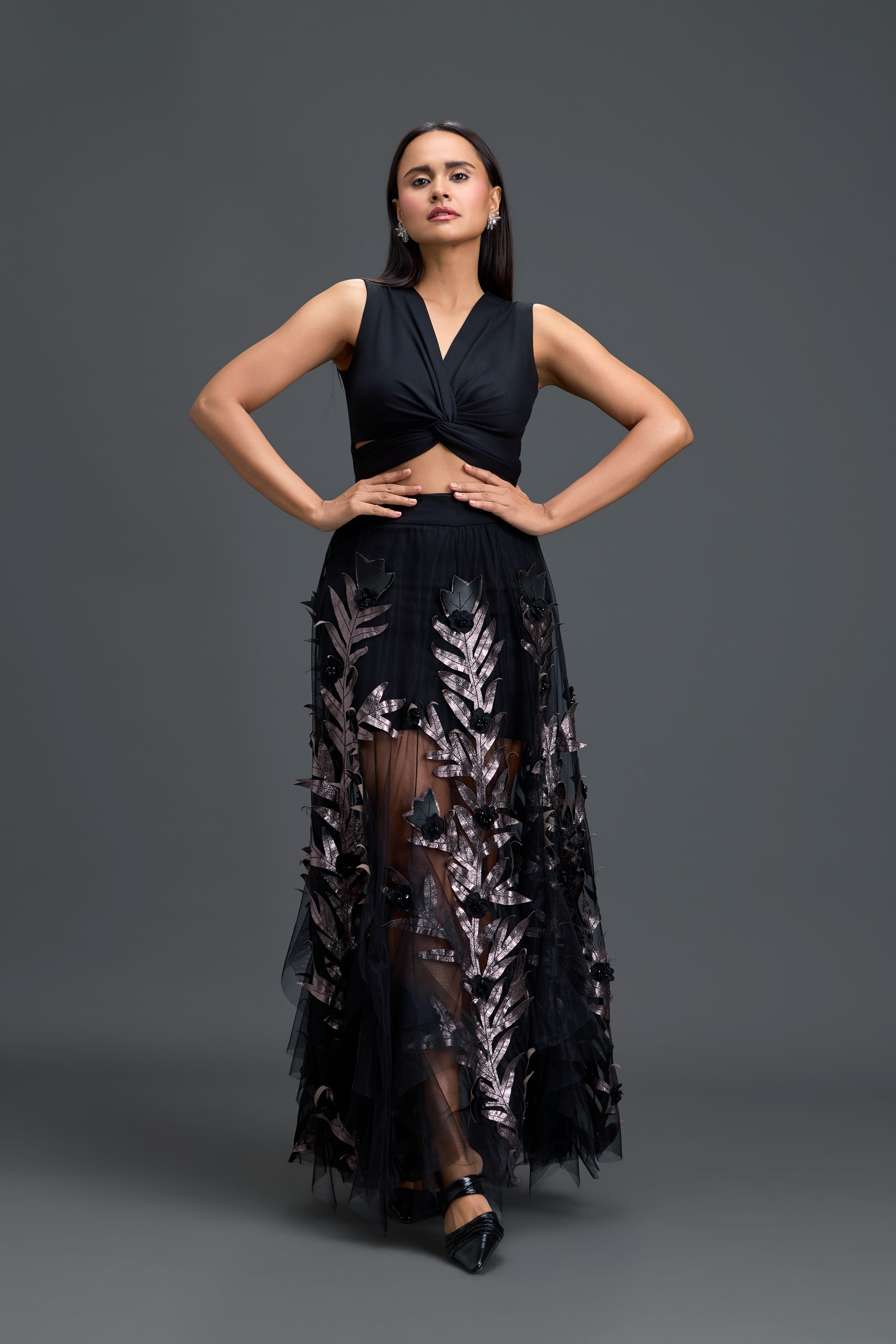 Black Twist Crop Top & Metallic Leaf Skirt