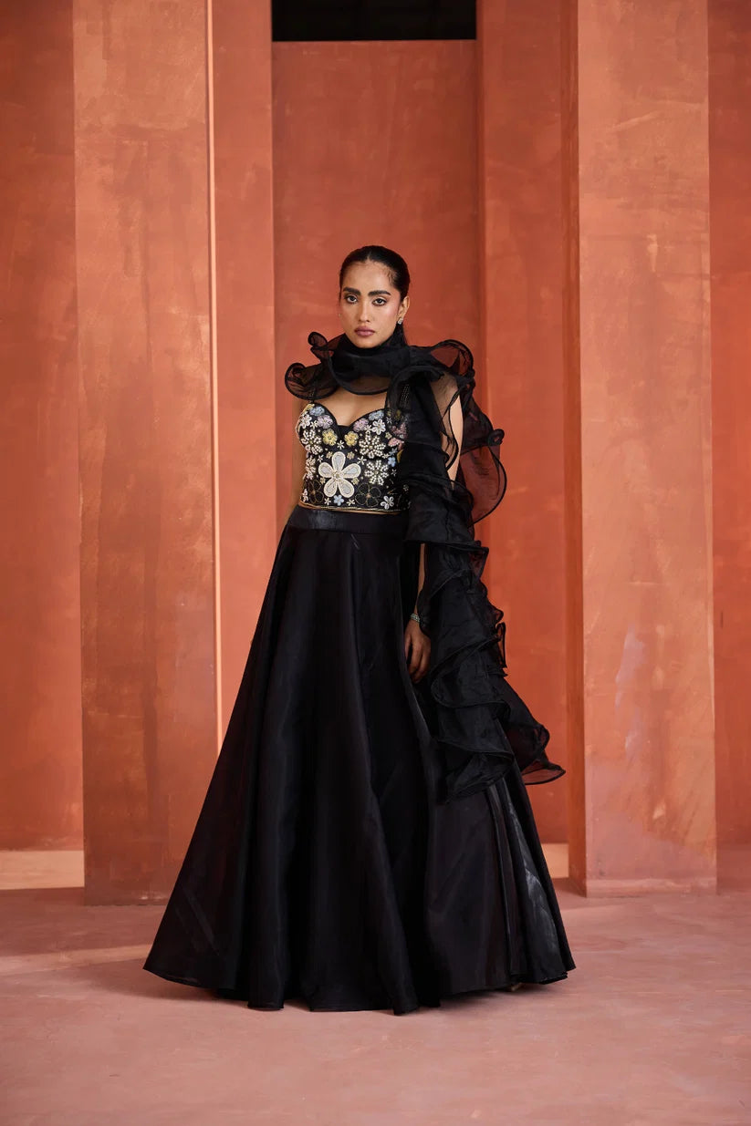 Black Emb Corset Lehnga Set