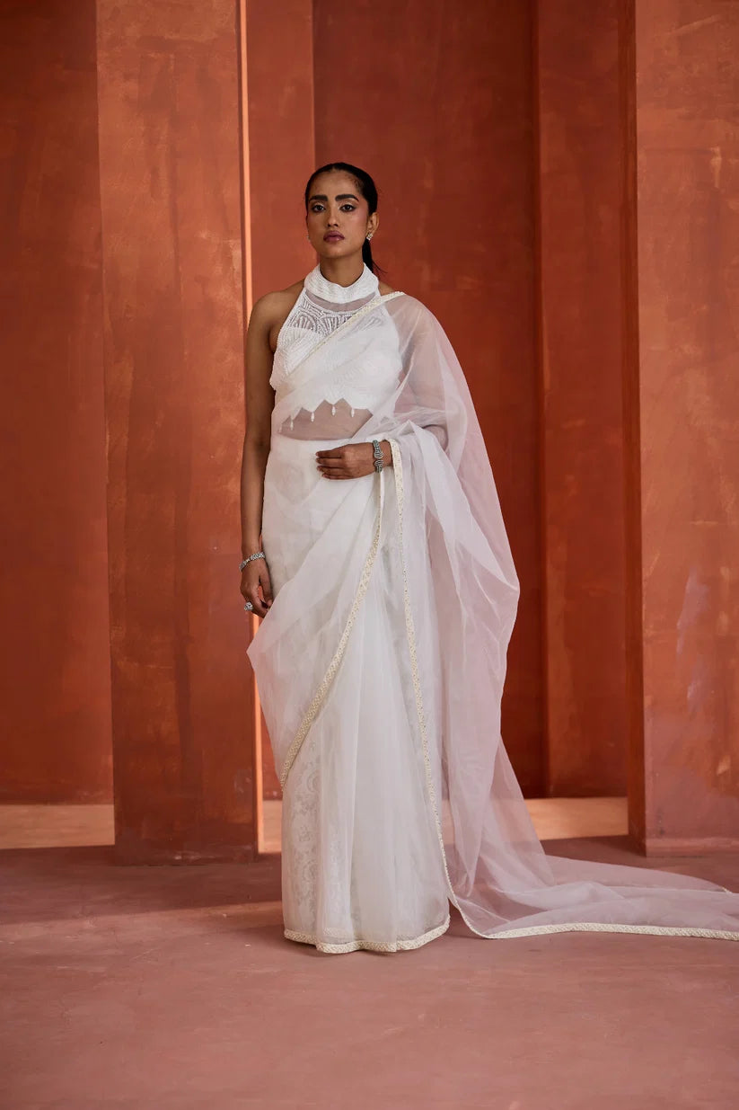 Ivory Emb Blouse Stitched Ready To Wear Saree