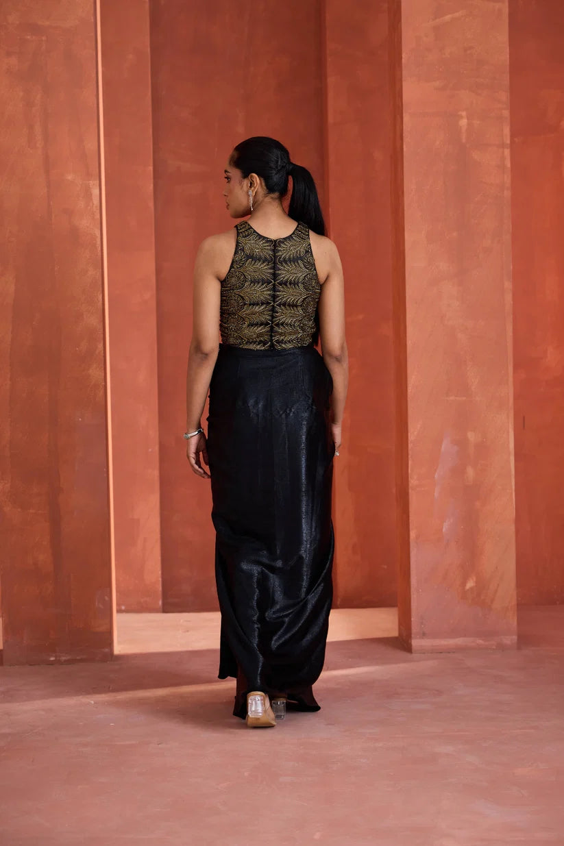 Gold Emb Blouse Drape Skirt